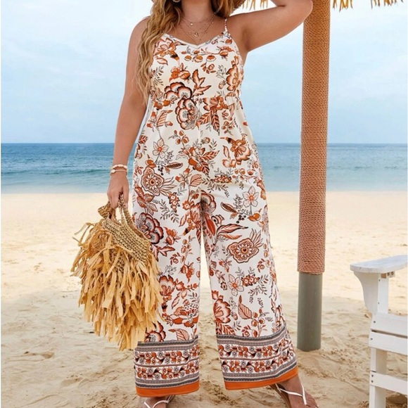 Bohemian Boho Plus Size Floral Paisley Pockets Wide Leg Pants Jumpsuit - Picture 5 of 11
